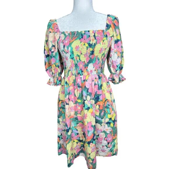 GAP Floral Smocked Dress Medium‎ Linen Cotton Puff Sleeve Colorful Party Cottage - Picture 10 of 13